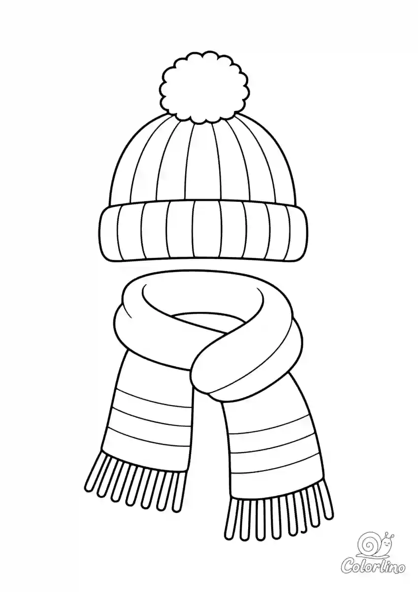 Dibujo para colorear de un gorro de lana con pompón y canalé sobre una bufanda doblada